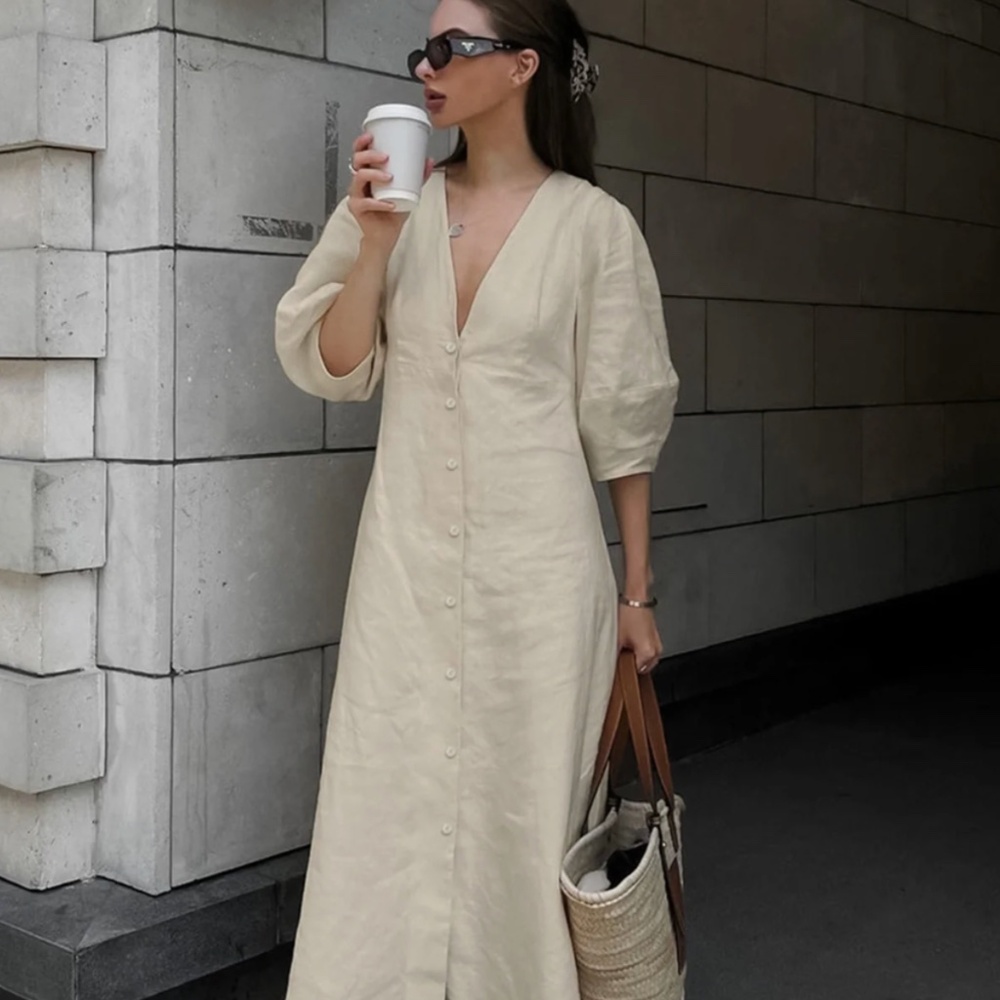 Communes Cotton Linen Blend Button Down Midi Dress